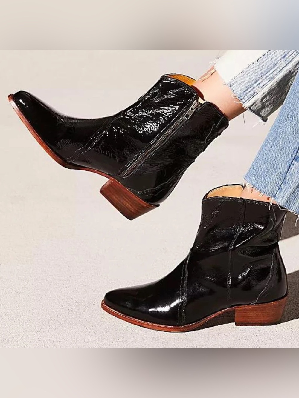 Free People Black Patent Leather Western Ankle Boots